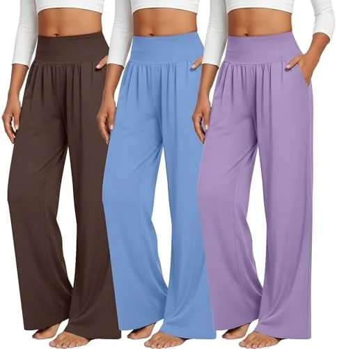 neer 3 pack womens wide leg yoga pants with pocketsx largelight bluechestnut brownlavender